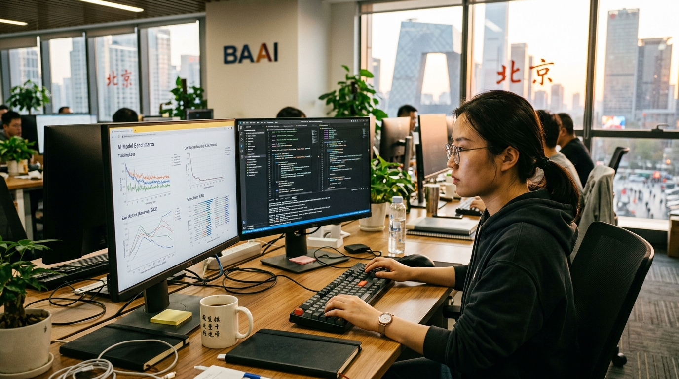 Développeur analysant les performances d'un modèle IA dans un bureau tech pékinois