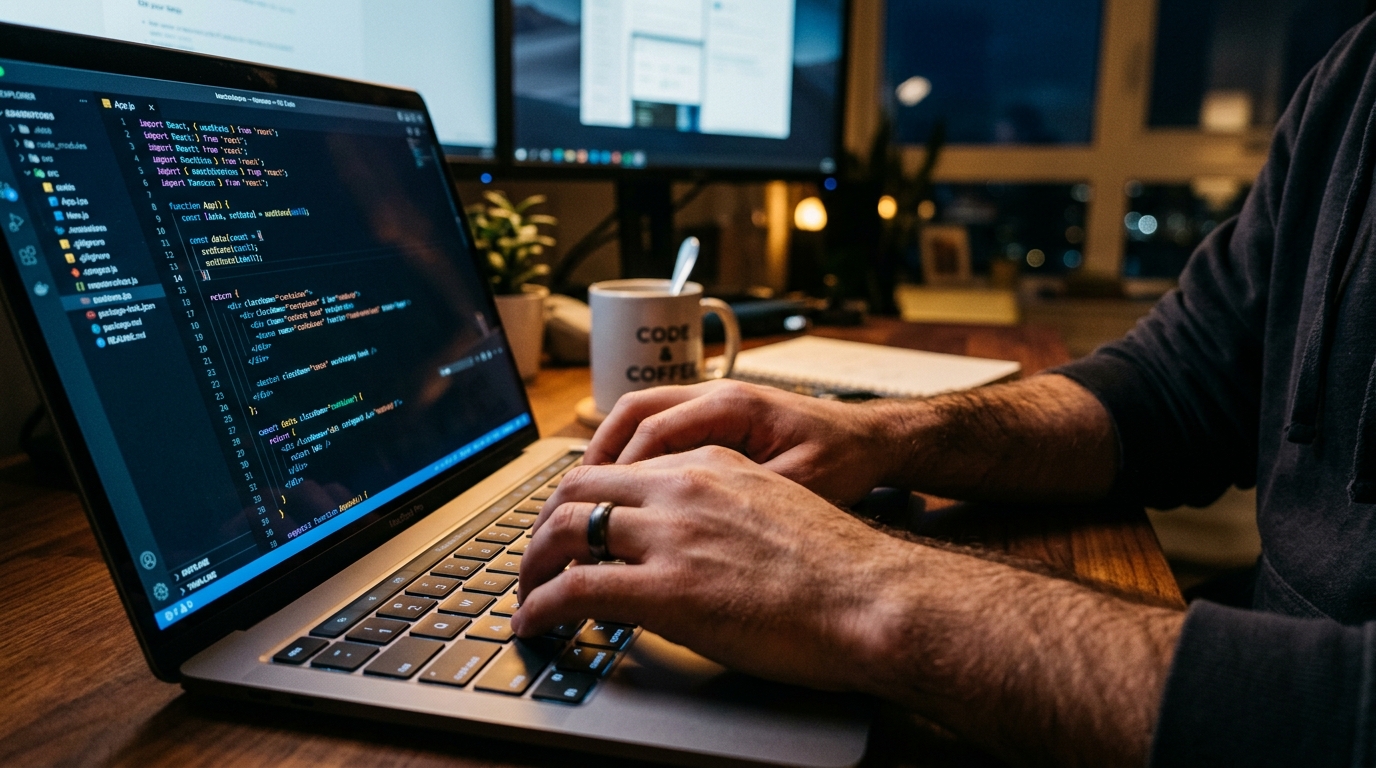 Développeur tapant du code sur un ordinateur portable de nuit