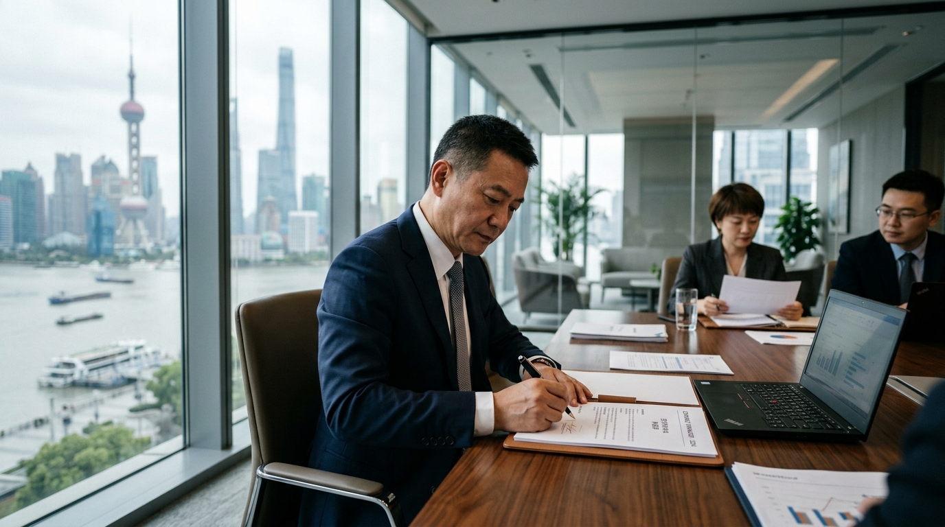 Dirigeant d'entreprise signant des documents financiers dans une salle de réunion moderne