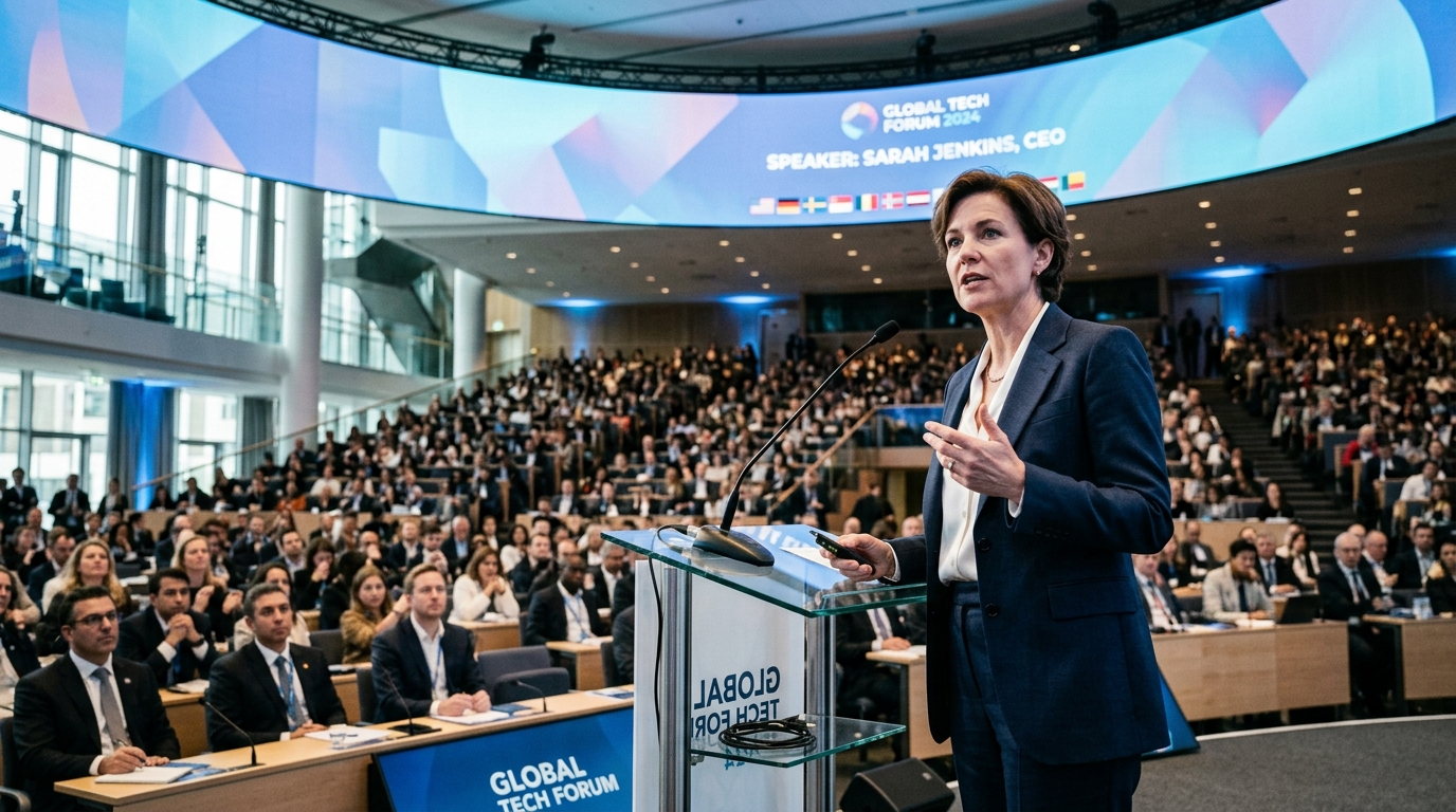 Dirigeant tech à la tribune d'une assemblée internationale