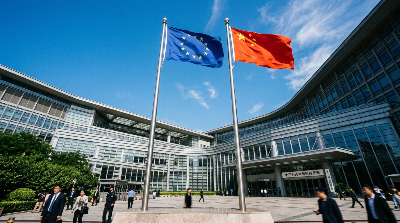 Drapeaux européen et chinois devant un bâtiment officiel