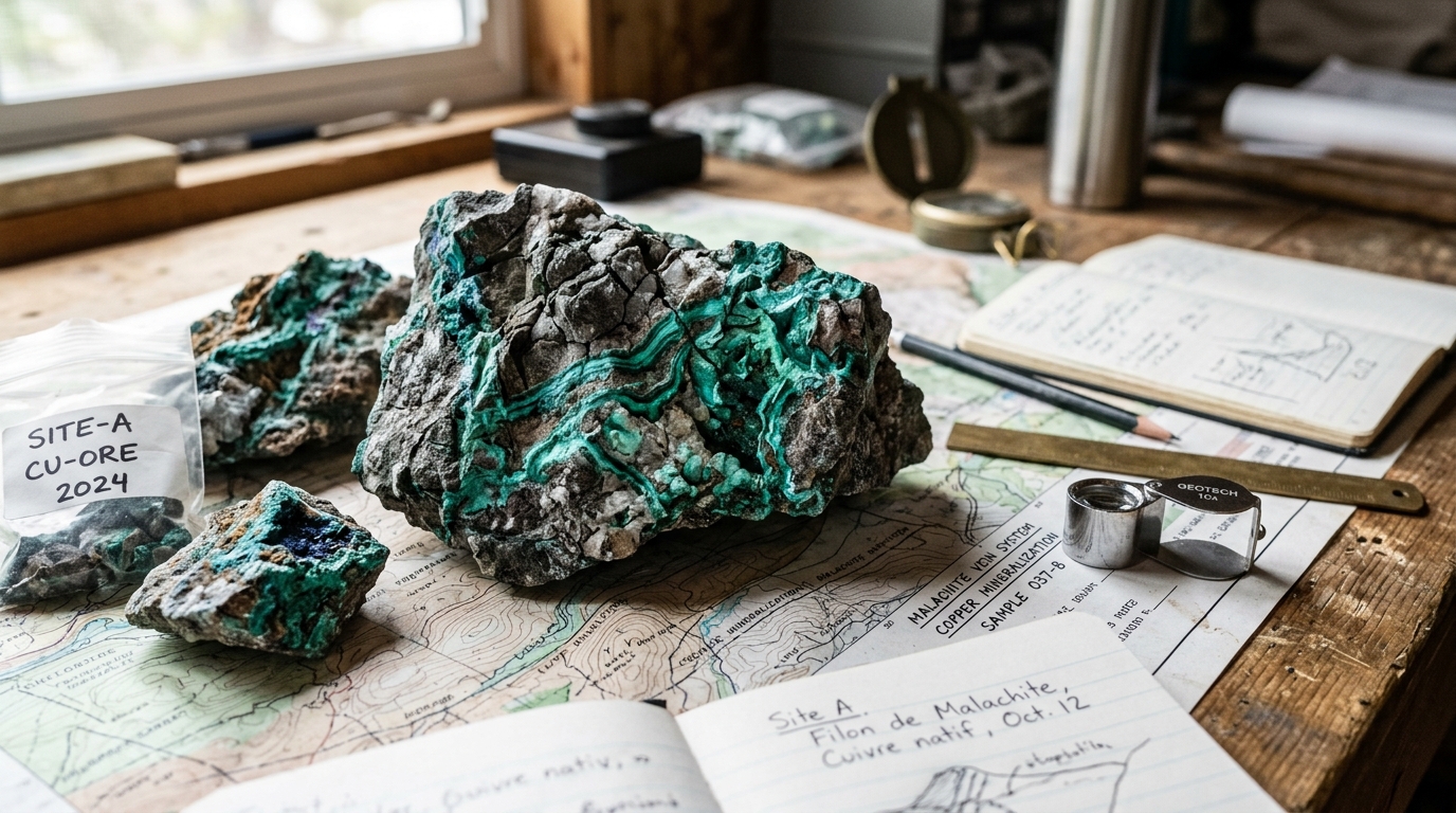Échantillons de minerai de cuivre avec veines de malachite sur une table de géologie