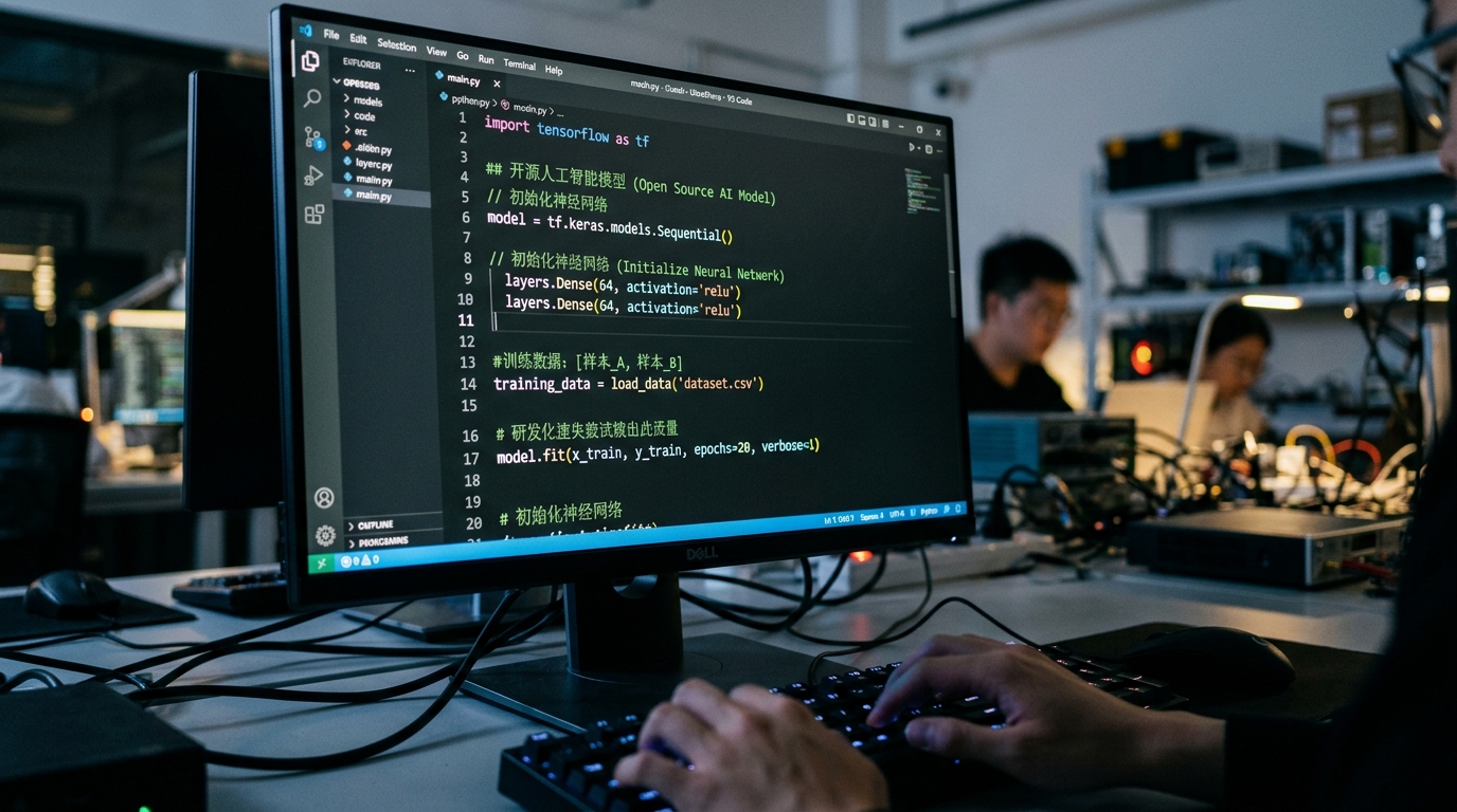 Écran affichant du code d'intelligence artificielle open source en chinois et en anglais
