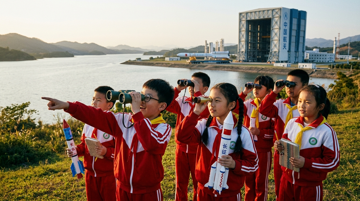 Enfants chinois observant le retrait d'une fusée vers le bâtiment d'assemblage à Wenchang