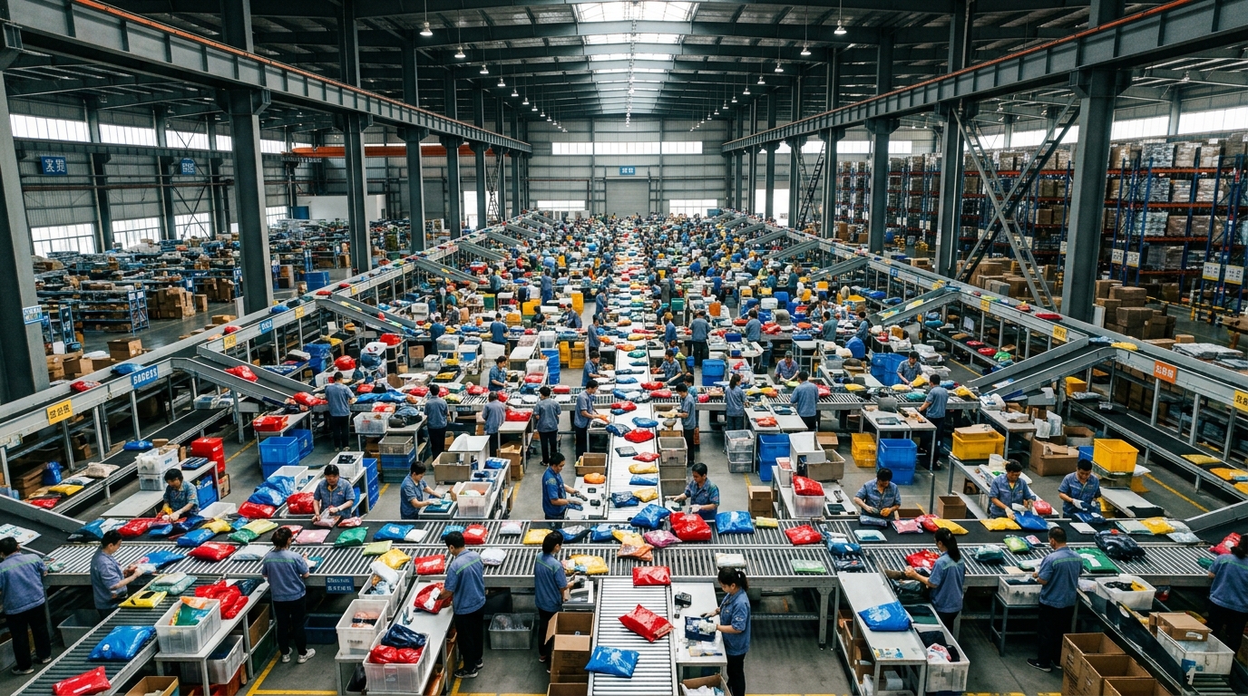 Entrepôt logistique e-commerce en Chine avec tri de colis de vêtements