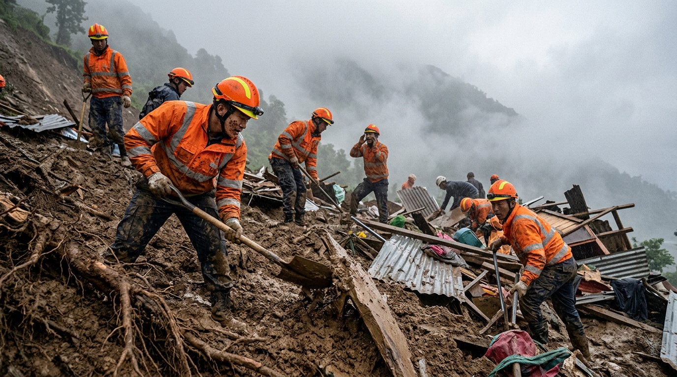 Équipes de secours cherchant des survivants dans la boue après un glissement de terrain au Népal