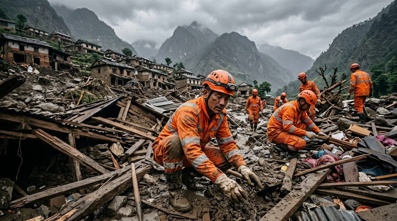 Équipes de secours cherchant des survivants dans les décombres après la crue
