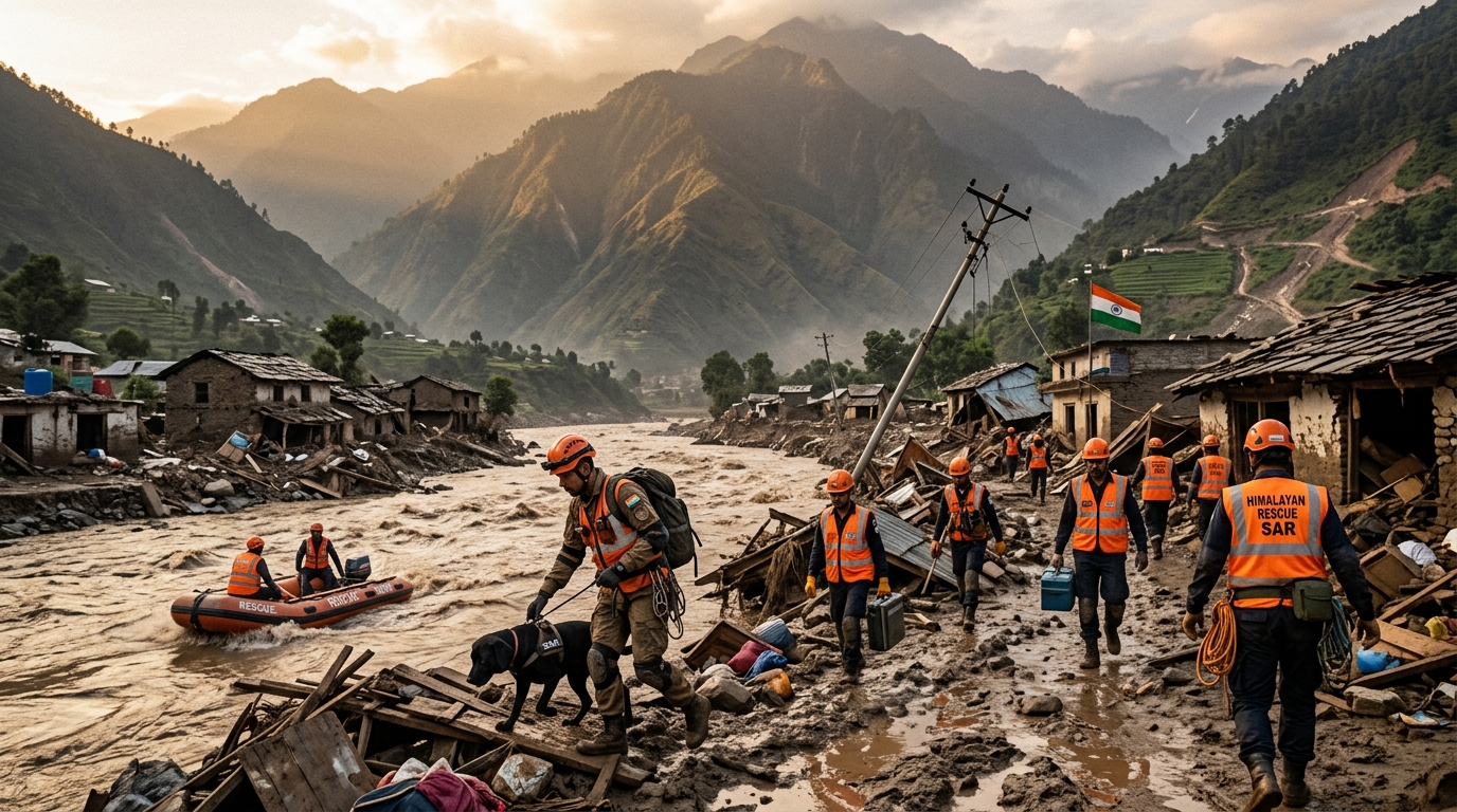 Équipes de secours cherchant des survivants dans une vallée himalayenne inondée