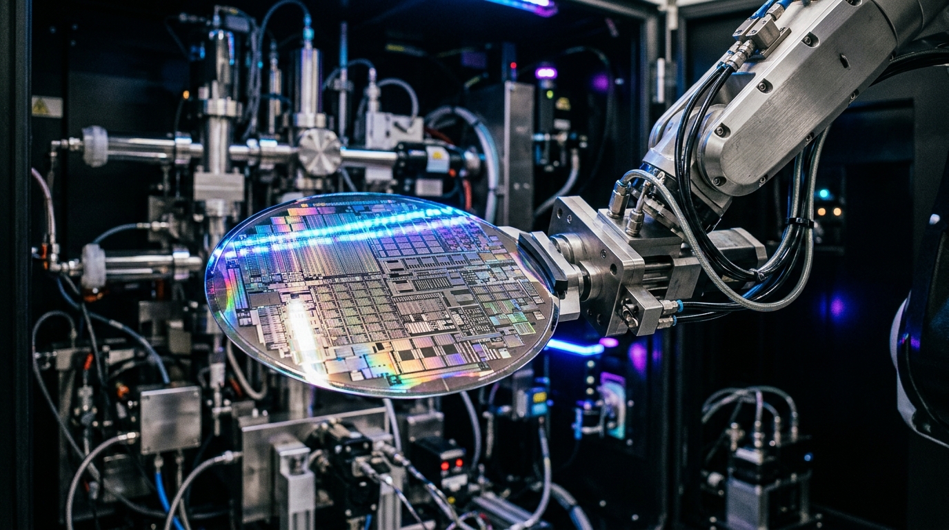 Galette de silicium de 12 pouces sur bras robotisé dans une machine de traitement