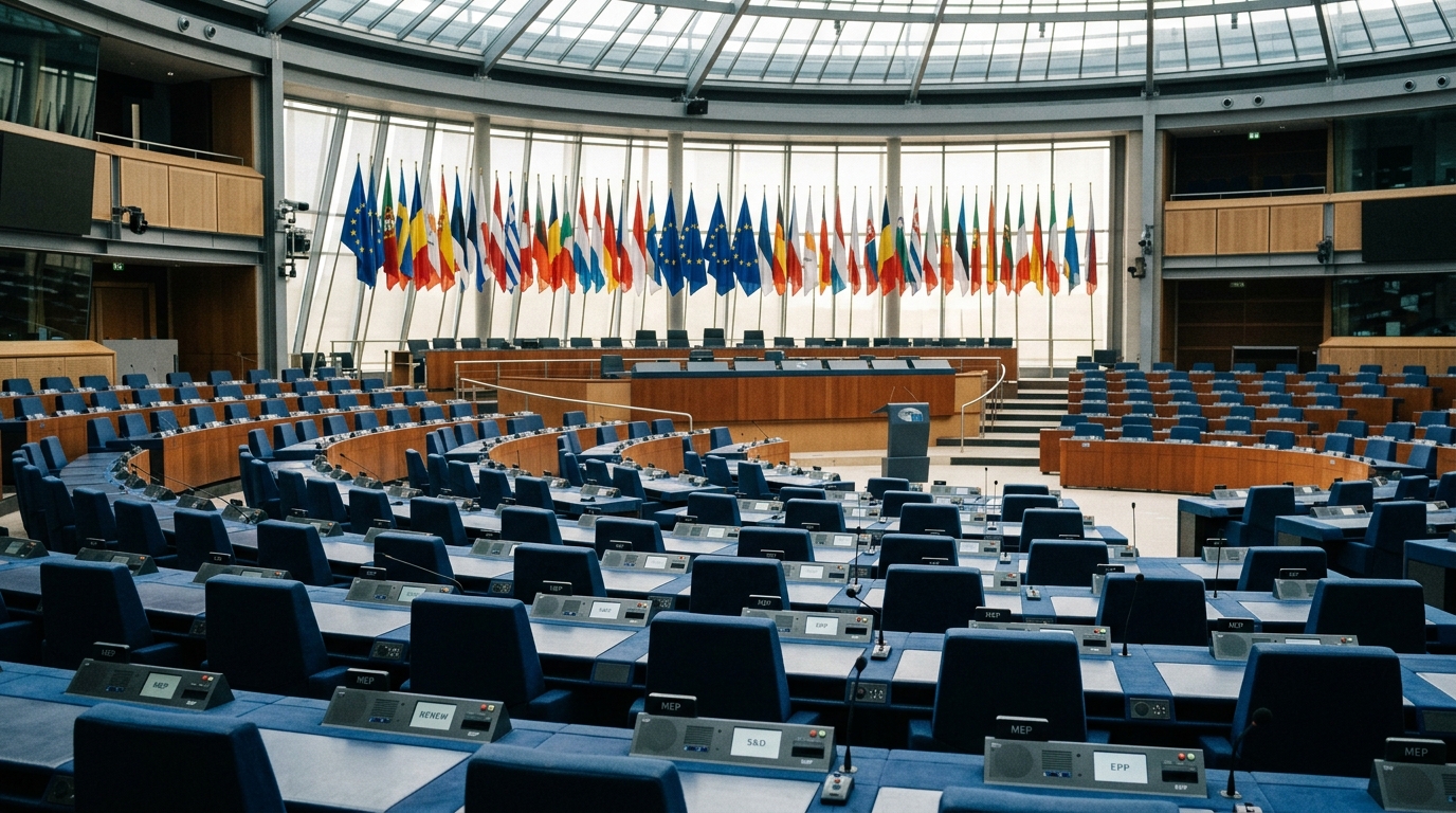 Hémicycle du Parlement européen avec drapeaux de l'UE
