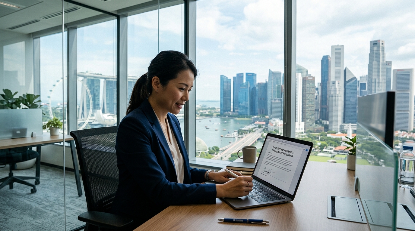 Homme d'affaires signant un contrat cloud dans un bureau de Singapour