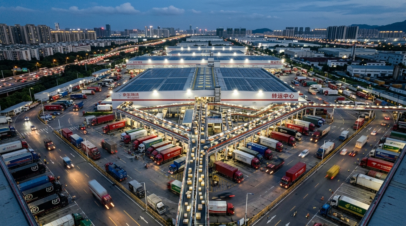 Hub logistique chinois avec camions et convoyeurs actifs vus du dessus