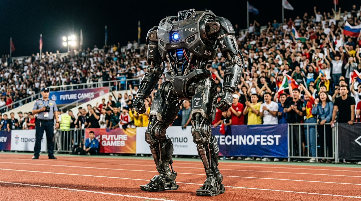 Humanoïde sans tête dans une arène sportive devant des spectateurs