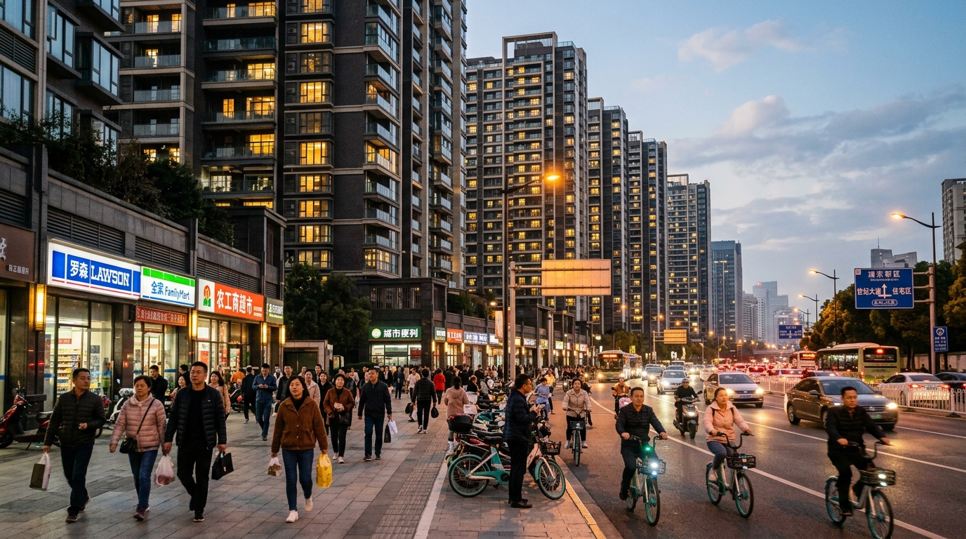 Immeuble résidentiel achevé dans une grande ville chinoise au crépuscule