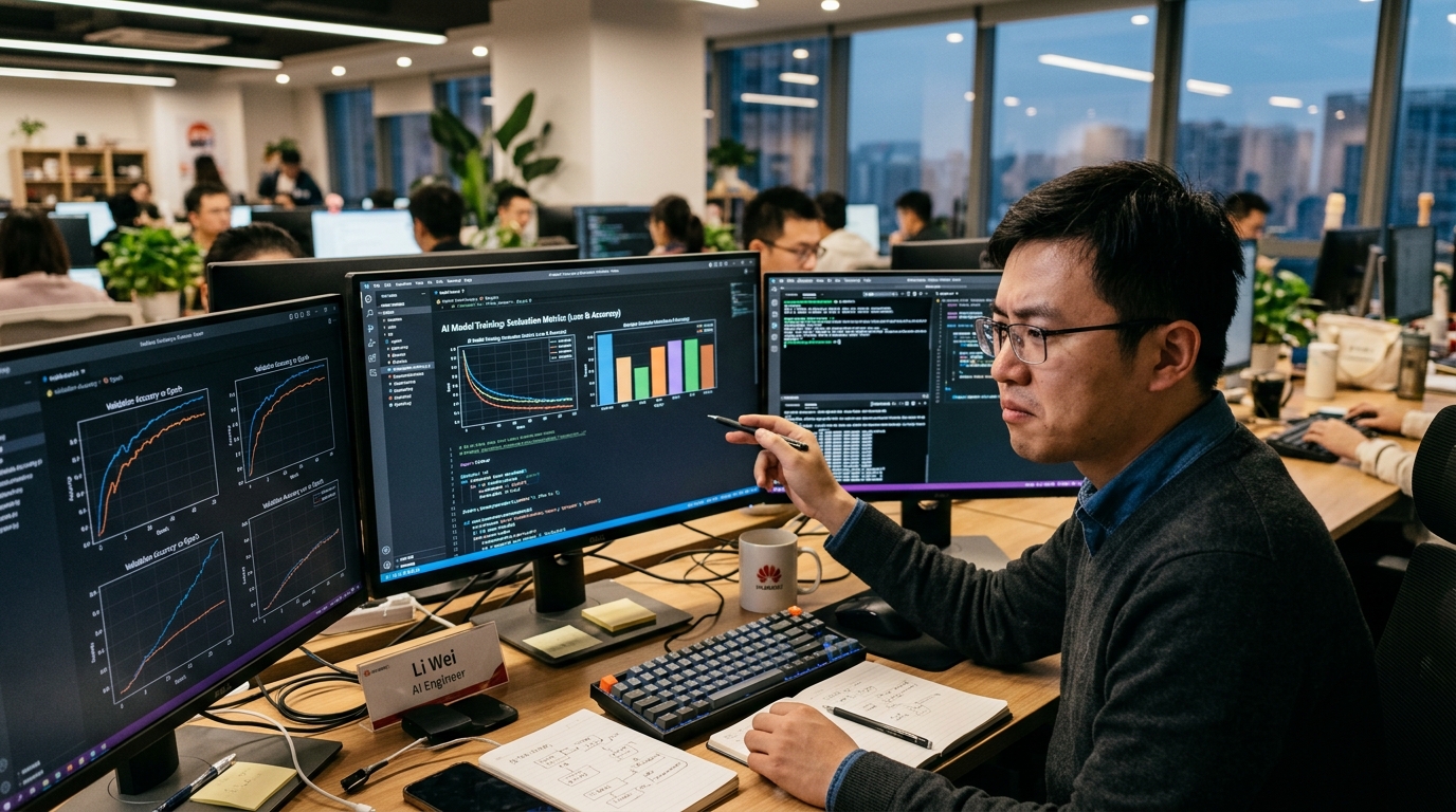 Ingénieur chinois analysant des performances de modèles IA sur écrans