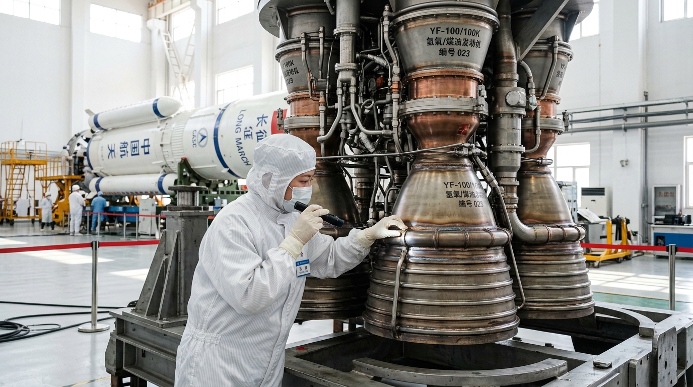 Ingénieur inspectant un moteur de fusée CQ-50 dans une usine aérospatiale chinoise