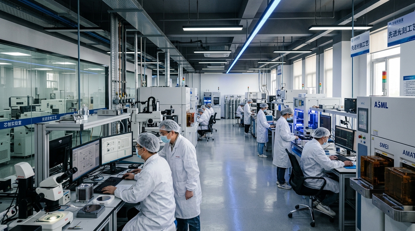 Ingénieurs dans un laboratoire de semi-conducteurs en Chine