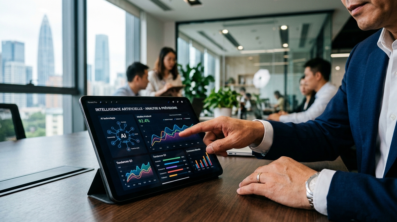 Interface IA sur tablette dans un bureau moderne