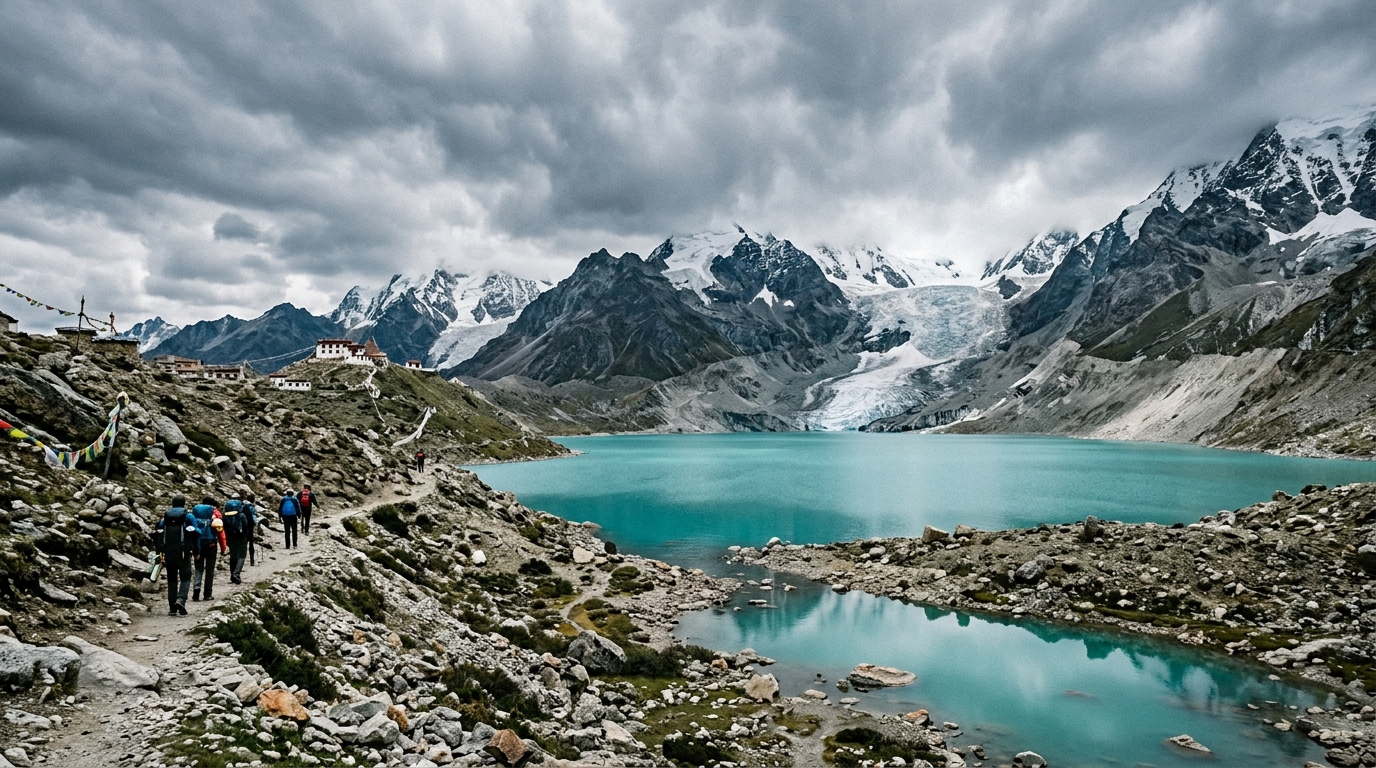 Lac glaciaire dans l'Himalaya près de la frontière sino-népalaise