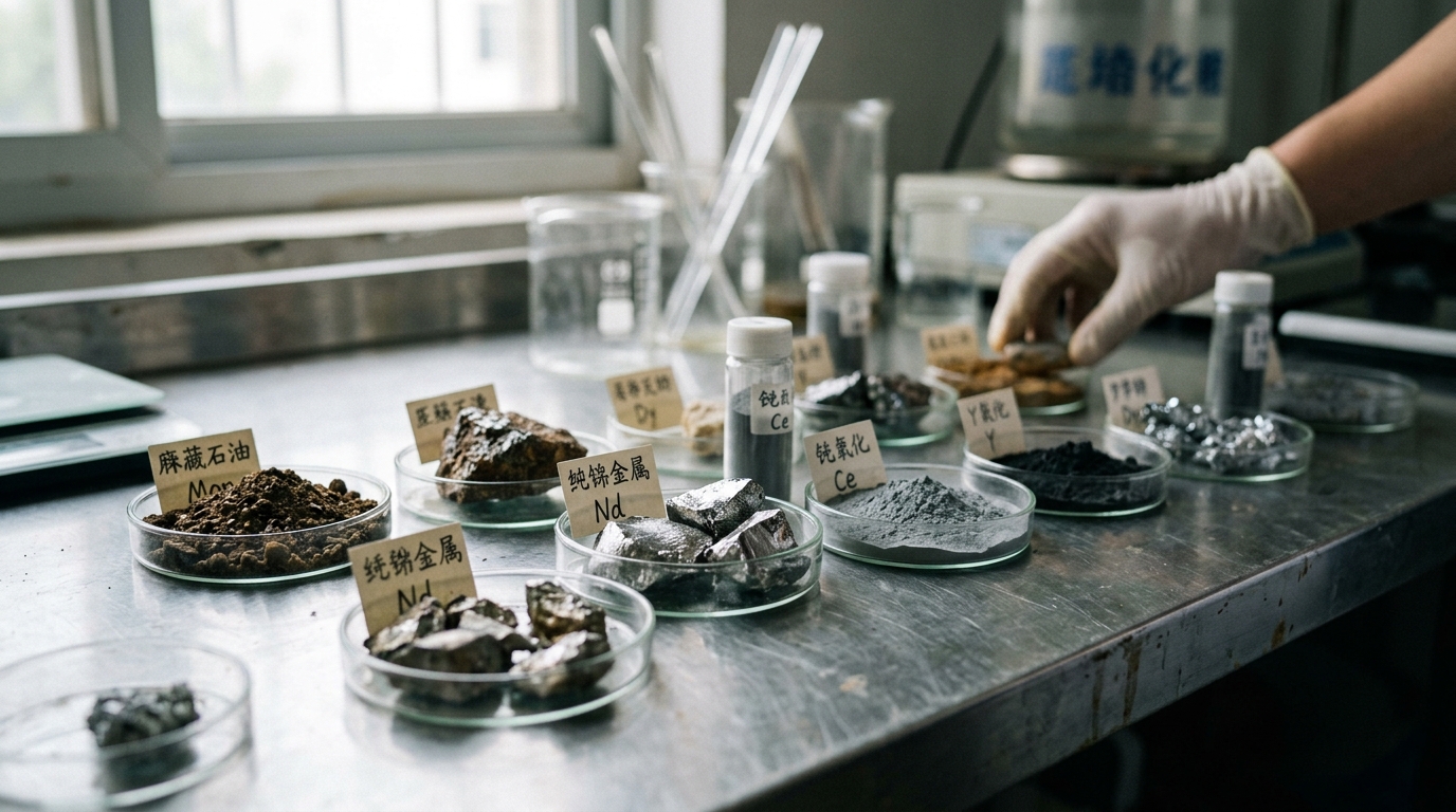 Minéraux de terres rares sur une table de laboratoire