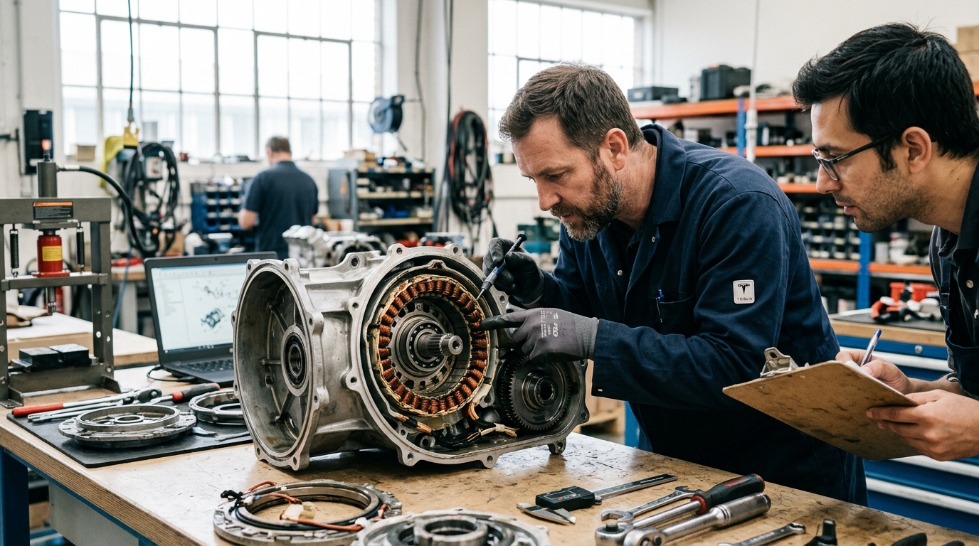Moteur électrique Tesla démonté dans un atelier