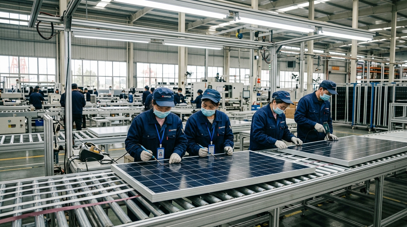Ouvriers chinois assemblant des panneaux solaires en usine