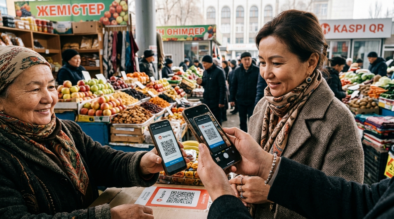 Paiement QR code par smartphone dans un marché au Kazakhstan