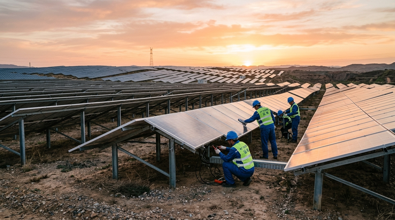 Panneaux solaires en Chine au lever du soleil