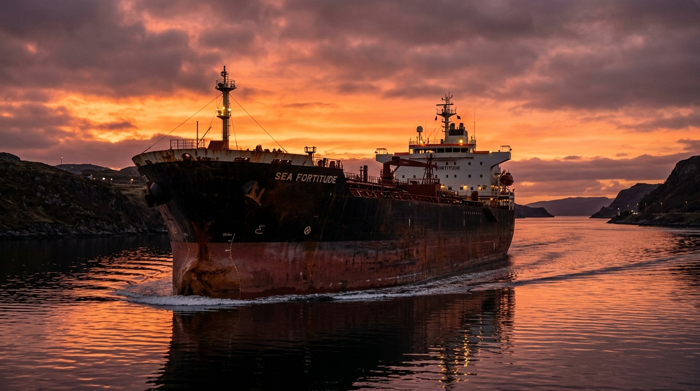 Pétrolier traversant un détroit maritime au coucher du soleil