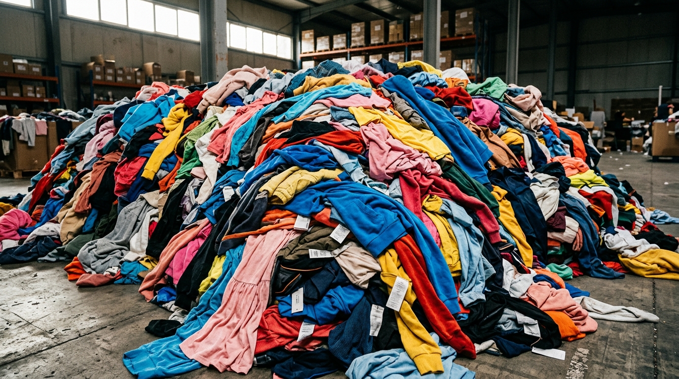 Pile de vêtements ultra-fast fashion entassés dans un entrepôt