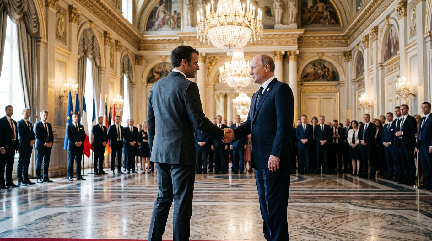 Poignée de main diplomatique dans un hall officiel lors d'un sommet entre grandes puissances