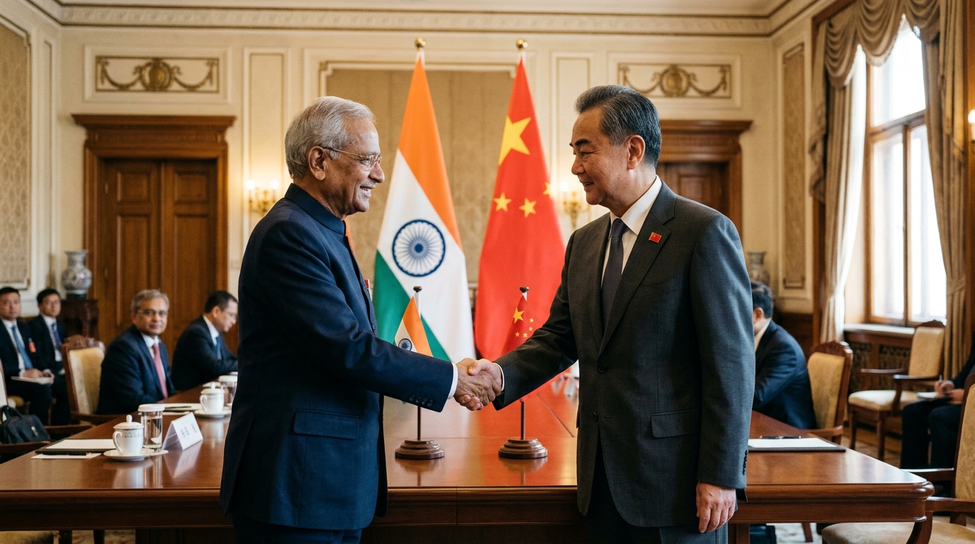 Poignée de main diplomatique entre représentants indiens et chinois lors d'une réunion officielle