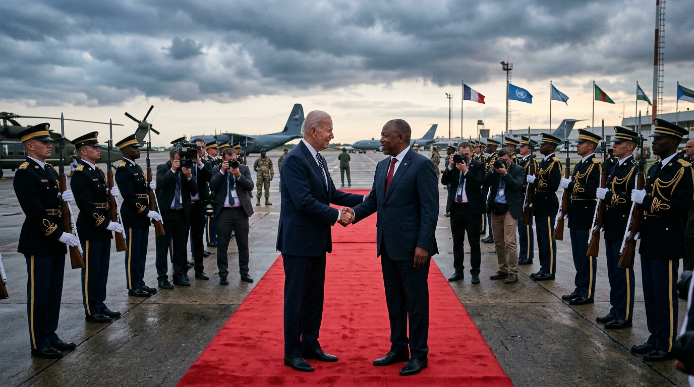 Poignée de main diplomatique sur tapis rouge à une base militaire américaine