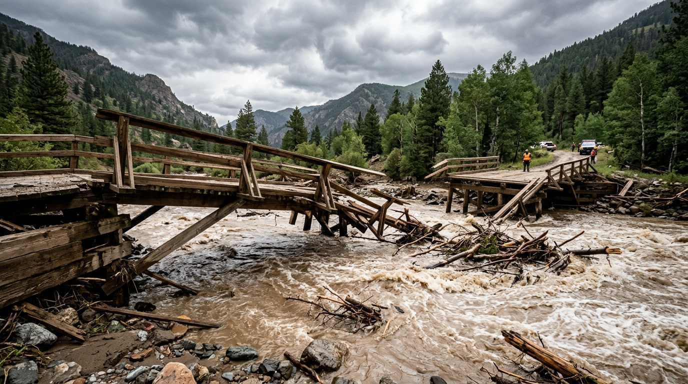 Pont emporté par une crue dans une région montagneuse