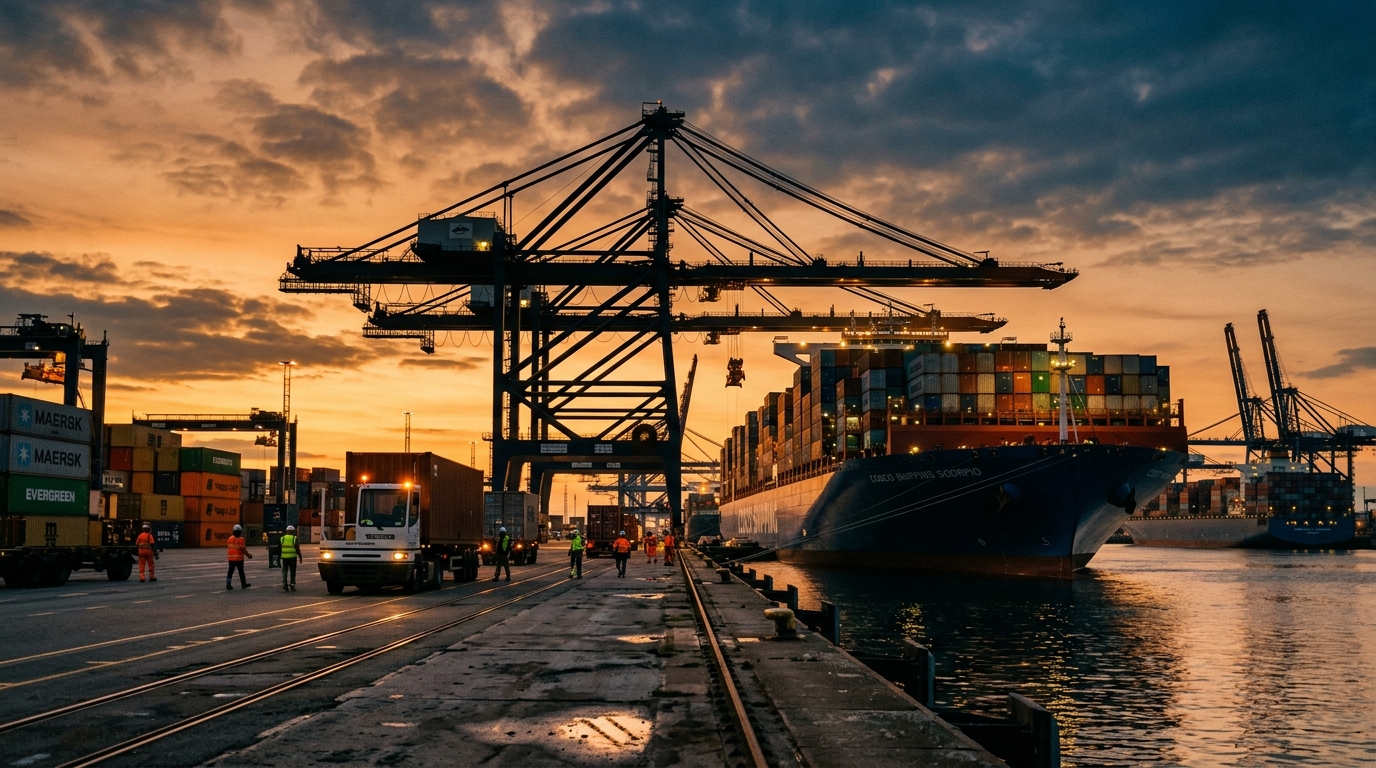 Port industriel avec porte-conteneurs et grues représentant les échanges commerciaux sino-européens
