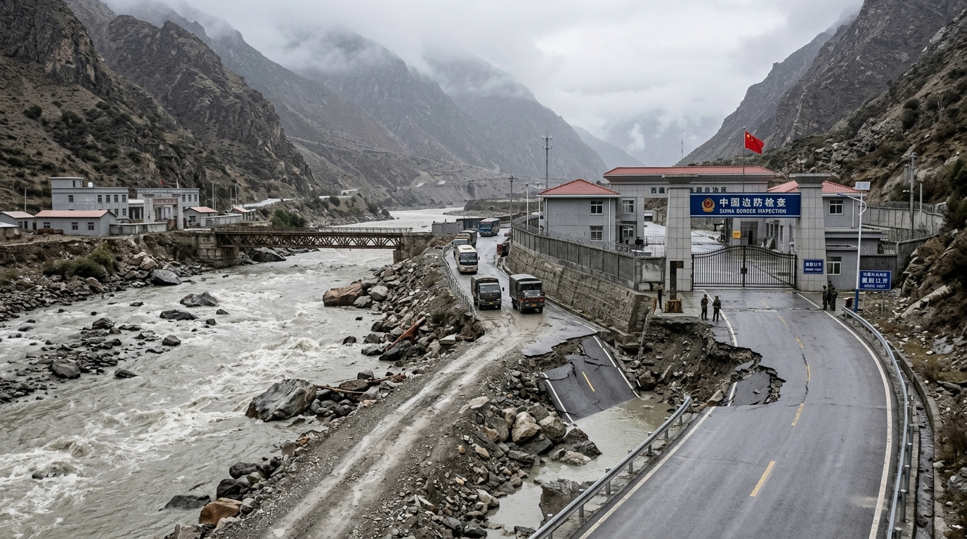 Poste-frontière de Gyirong au Tibet avec une rivière en crue et des routes endommagées
