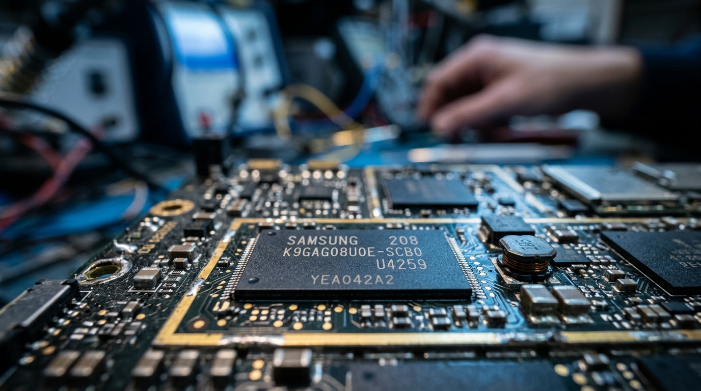 Puce mémoire NAND flash en gros plan sur un circuit imprimé