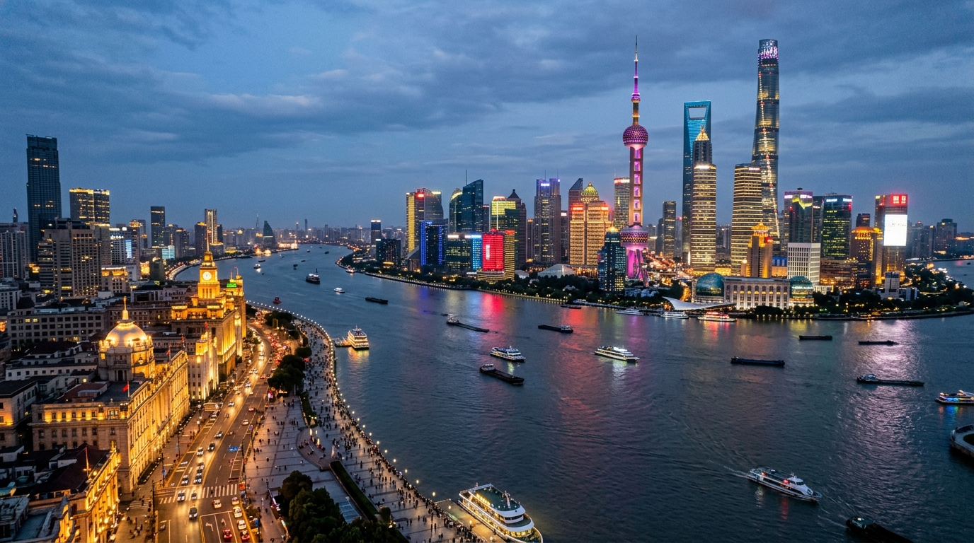 Quartier financier de Shanghai au crépuscule vu depuis les airs
