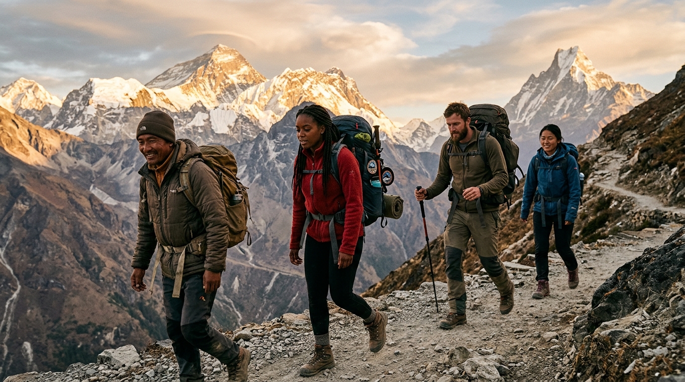 Randonneurs internationaux sur un sentier de trekking au Népal