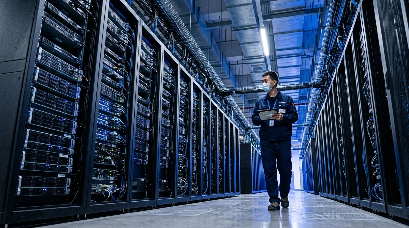 Rangées de serveurs IA dans un data center moderne en Chine