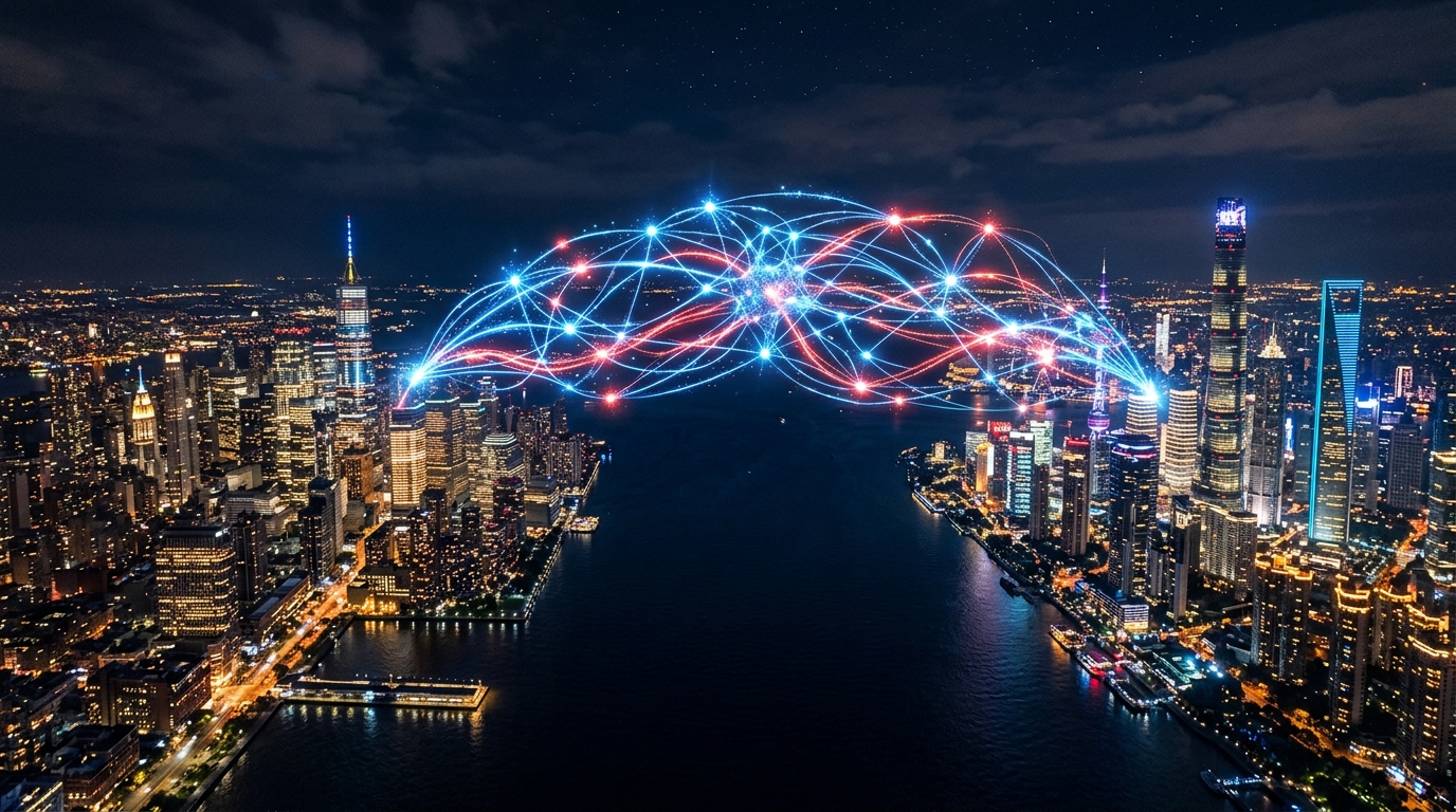 Réseau d'intelligence artificielle reliant deux métropoles symbolisant les États-Unis et la Chine