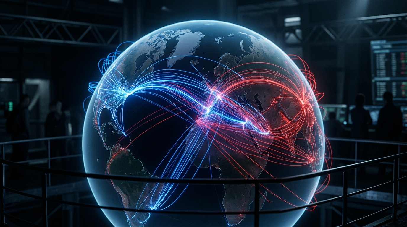Réseau neuronal reliant les États-Unis et la Chine sur un globe numérique, symbolisant la co-gouvernance de l'IA