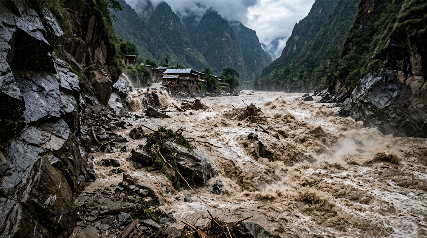 Rivière en crue dans une gorge himalayenne entre Népal et Tibet
