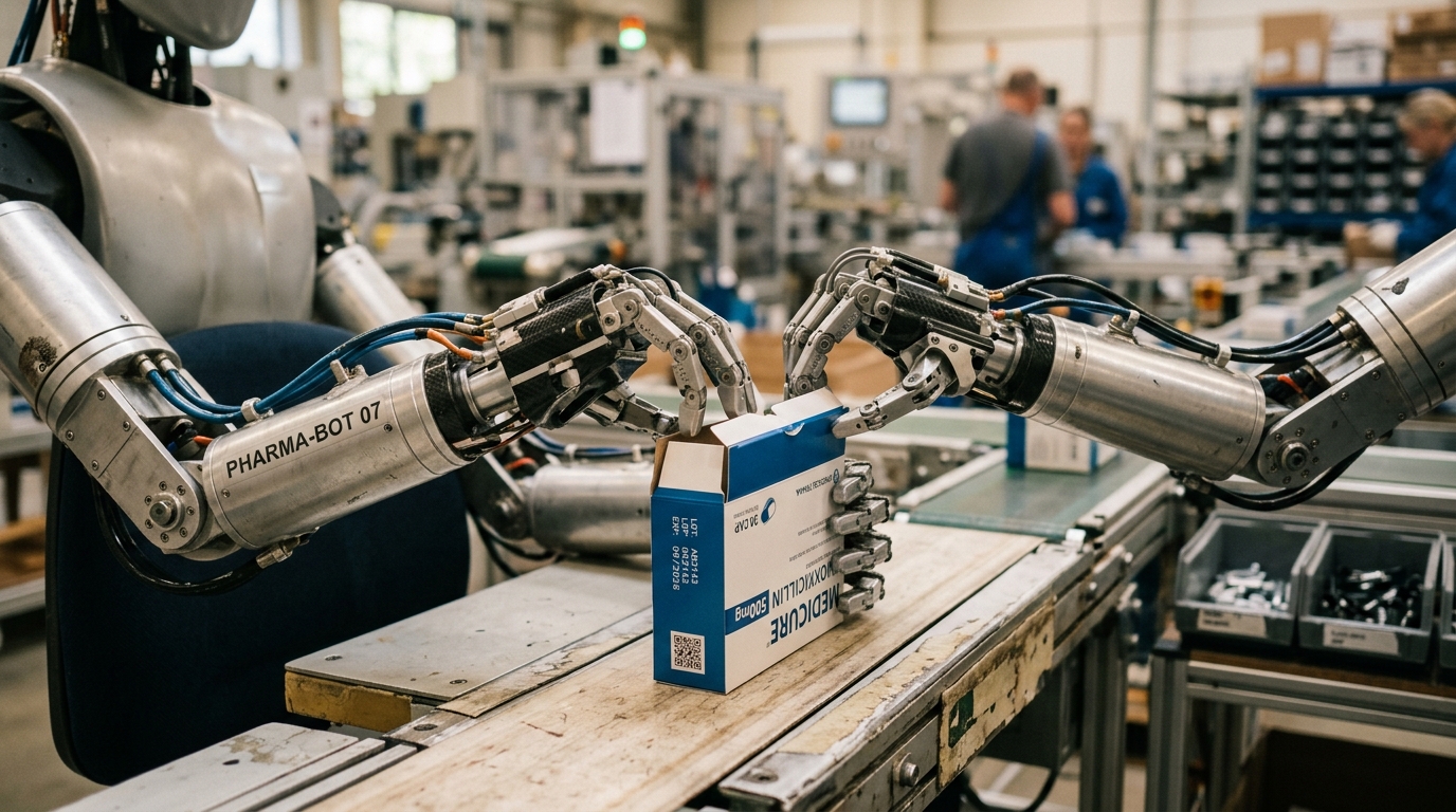 Robot humanoïde assemblant une boîte de médicaments en environnement industriel