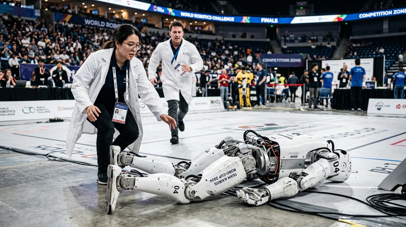 Robot humanoïde au sol après une chute lors d'une compétition
