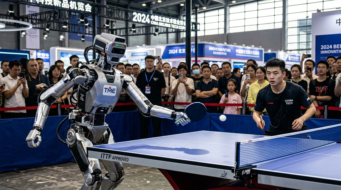 Robot humanoïde bipède jouant au ping-pong lors d'un salon technologique à Pékin