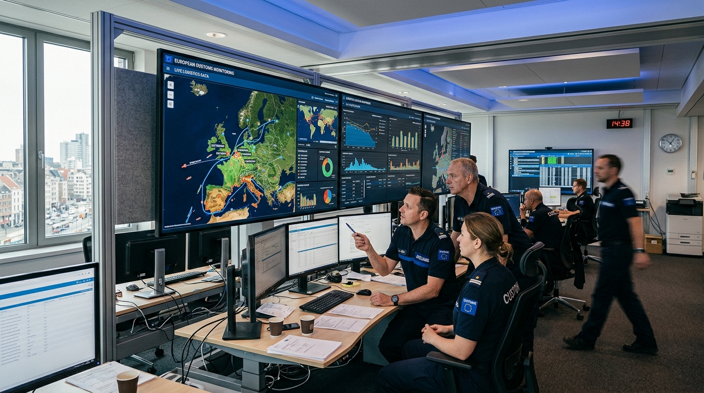 Salle de contrôle douanier européen avec écrans de données et cartes logistiques