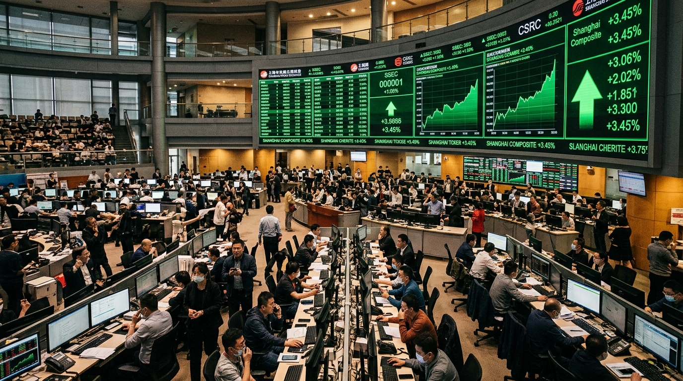 Salle de marché de la Bourse de Shanghai avec des écrans affichant des hausses boursières
