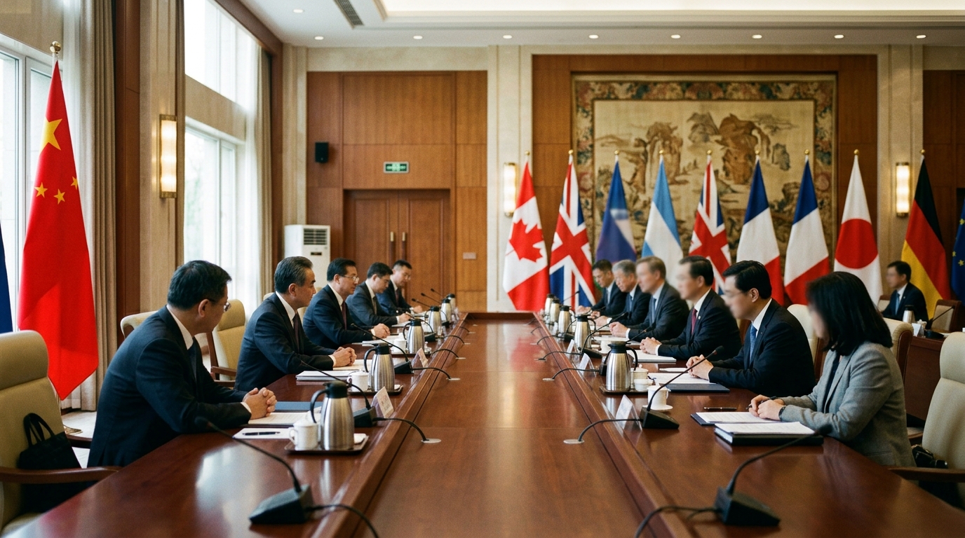 Salle de réunion diplomatique représentant les négociations commerciales sino-américaines