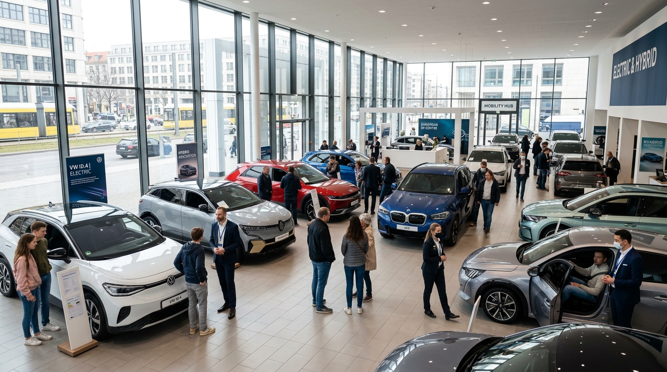 Salon automobile européen avec voitures électriques et hybrides